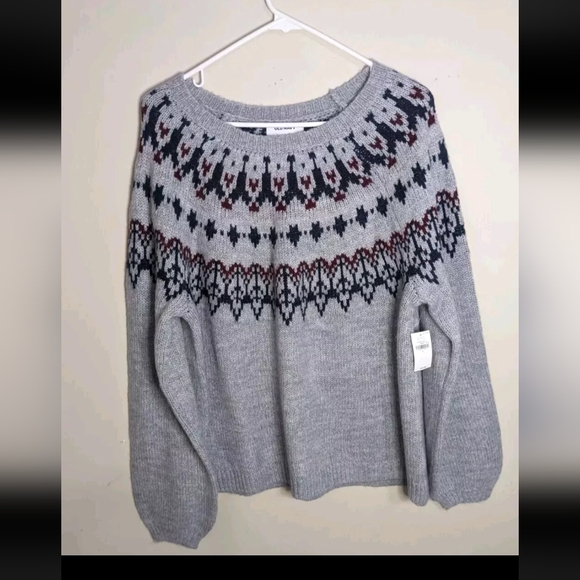 Old Navy Women's Large Sweater Balloon Sleeve Grey Fair Isle - Picture 2 of 7